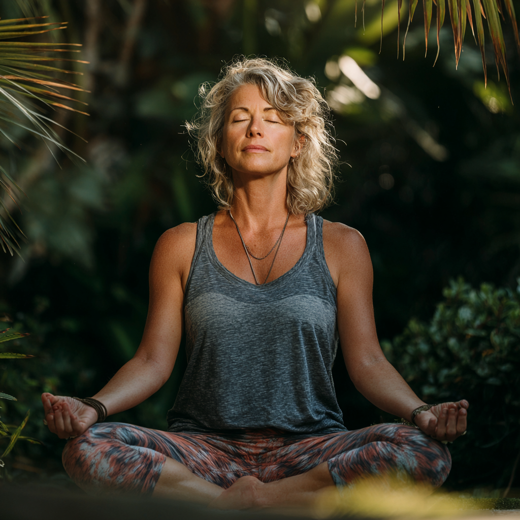 Peaceful middle-aged woman in her 50s practicing yoga in a serene outdoor setting, sitting in lotus position with eyes closed, wearing comfortable athletic wear, surrounded by natural greenery
