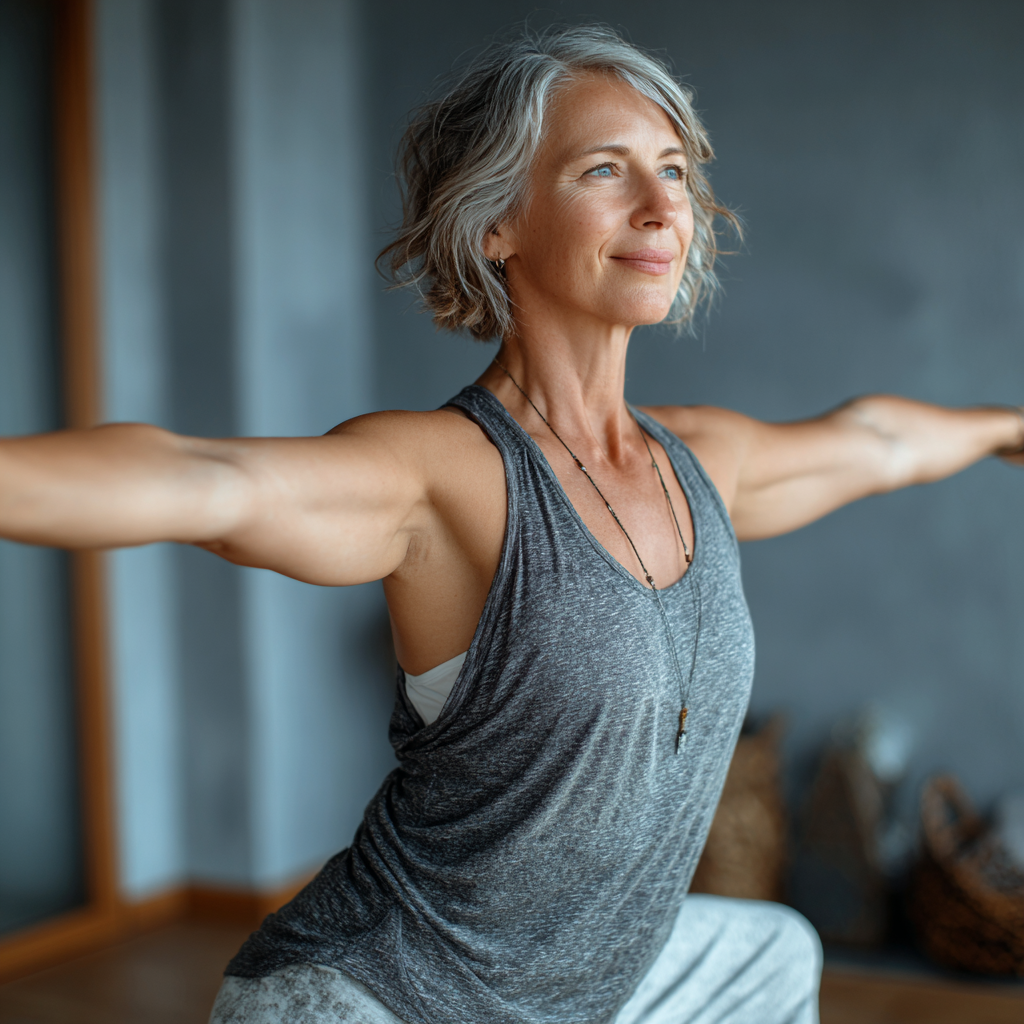 Smiling mature woman in her late 40s practicing yoga indoors, demonstrating a warrior pose with confidence and grace, wearing comfortable yoga attire in a bright, peaceful studio environment
